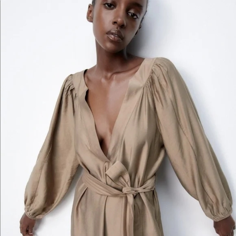 Zara NWT 🏷️ Khaki A-Line Dress With Belt Long Sleeves Room To Move XL - Picture 10 of 11
